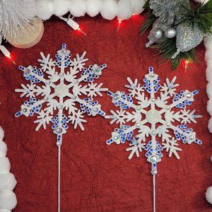 White Snowflake Picks HANDMADE w BLUE accent confetti and glitter christmas